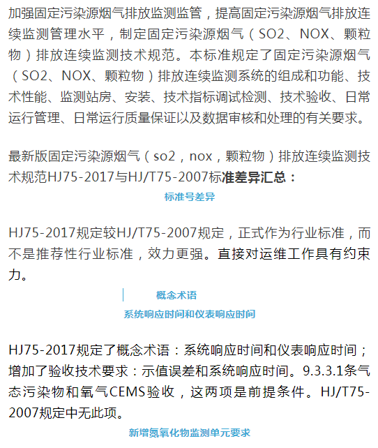 煙氣（so2，nox，顆粒物）排放連續(xù)監(jiān)測技術(shù)規(guī)范 HJ75-2017與HJ/T75-2007標(biāo)準(zhǔn)究竟有何不同